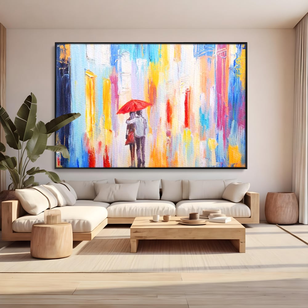 Tablou canvas cu pictura cu un cuplu sub umbrela, in rama de aluminiu negru, pe perete intr-un living